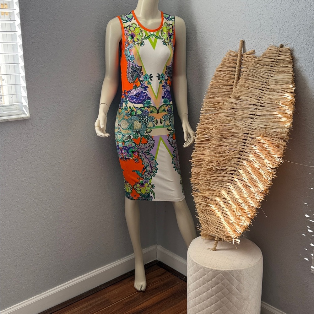 Roberto Cavalli Orange and Multicolor Midi Dress